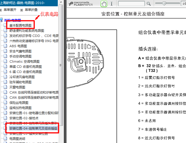 09年斯柯达晶锐 仪表单元针脚说明