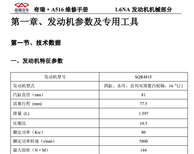 奇瑞SQR481发动机机械部分