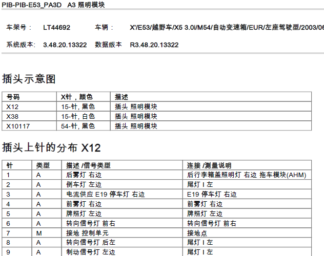03年宝马X5 灯光模块针脚资料