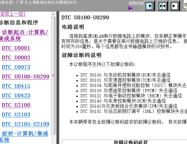 12年凯迪拉克SLS U0100-U0299故障码说明