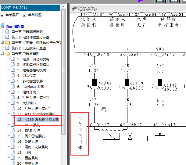 11年比亚迪M6  发动机节气门电路