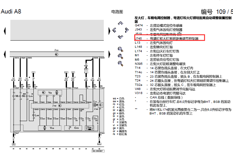 10年奥迪A8 大灯电路图