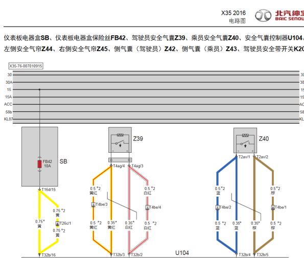 16年北汽绅宝X35 安全气囊电路图