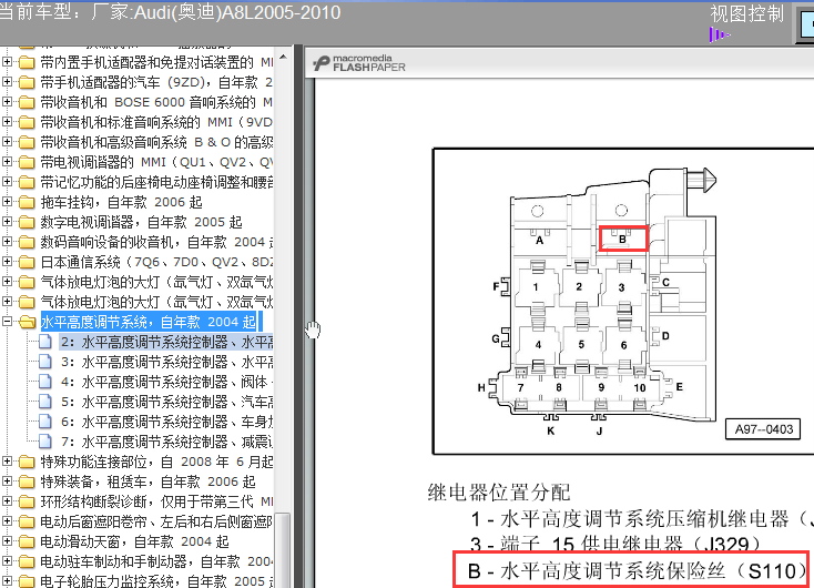 05年奥迪A8保险丝S110位置