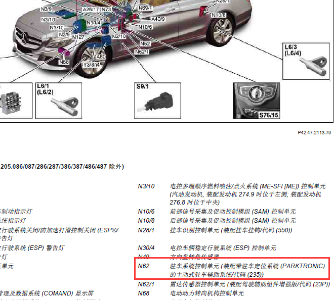 15年奔驰C200L驻车系统安装位置