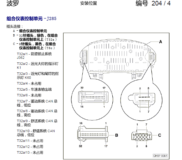 06年大众波罗仪表针脚图
