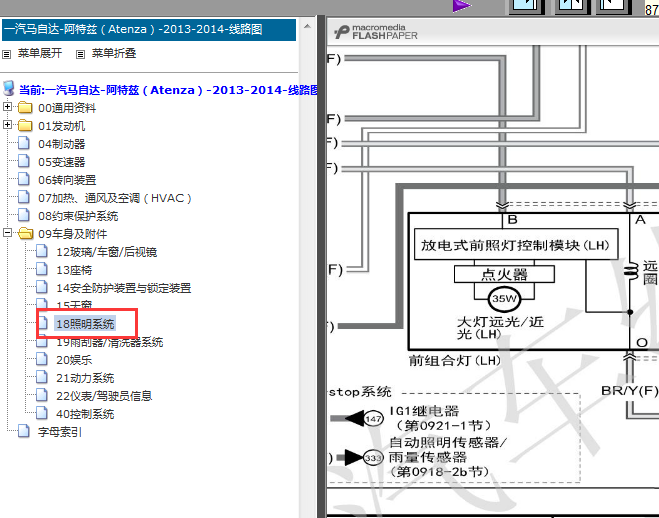 13年一汽马自达6阿特兹灯光电路图