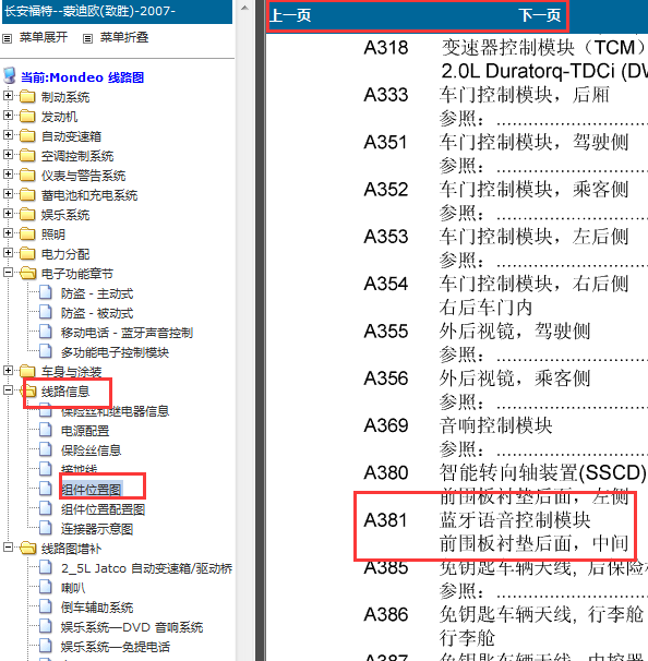 2007-2009年福特蒙迪欧致胜蓝牙电话模块位置