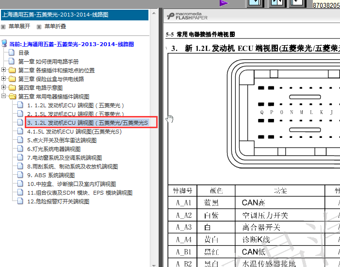 五菱荣光S发动机针脚定义图