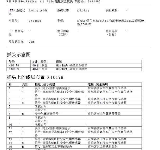 06年宝马523I气囊针脚图