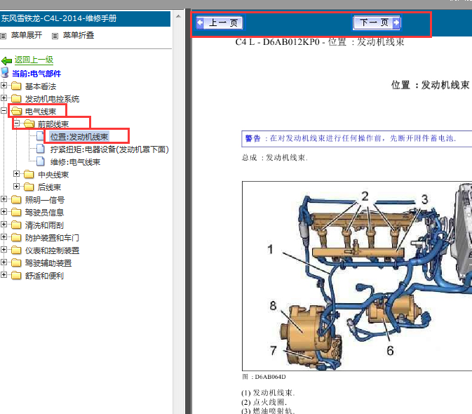 2013-2014年雪铁龙发动机线束安装位置