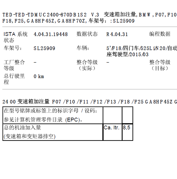 15年宝马525LI变速箱油加注量