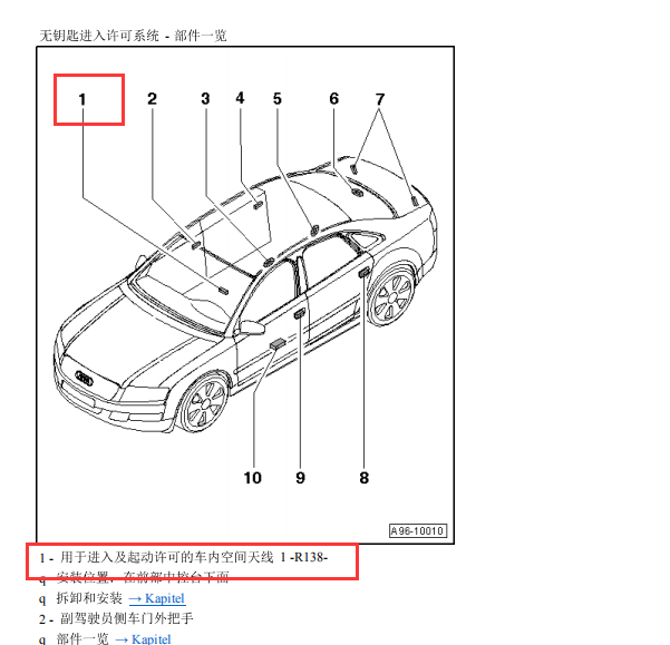 2009年奥迪A8无钥匙进入天线R138位置