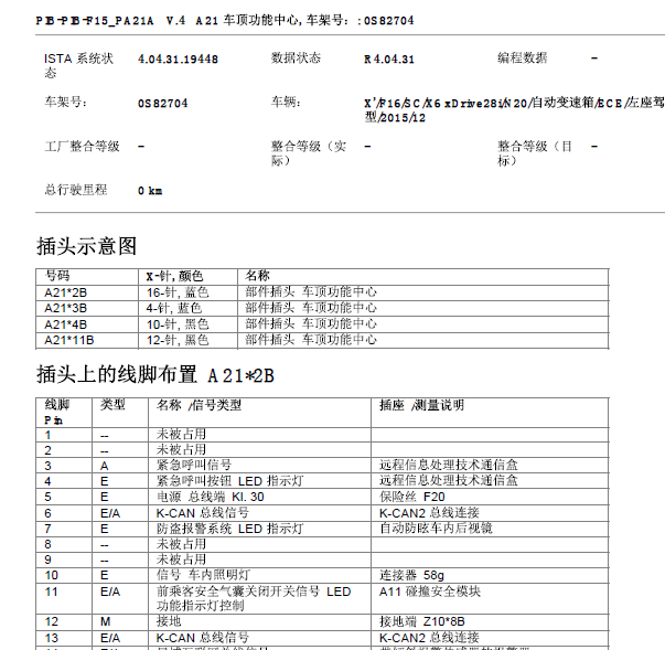 16年宝马X6车顶功能模块针脚图