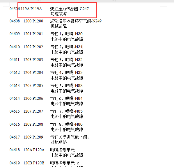 大众P119A故障码含义