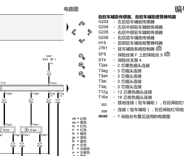 2015年奥迪A4倒车雷达电路图