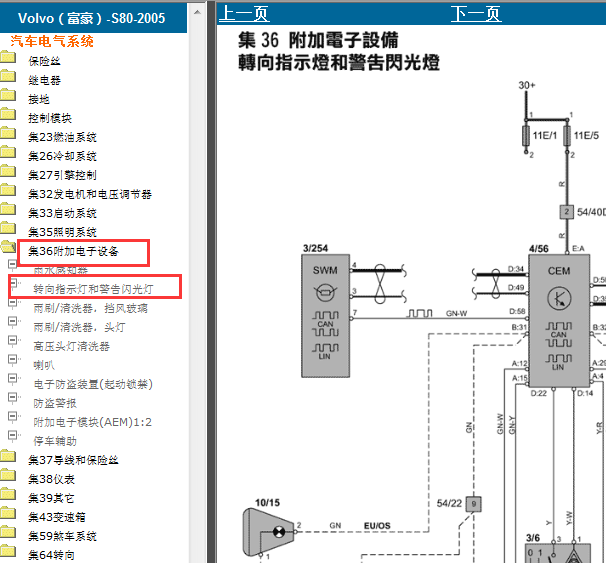 2005年沃尔沃S80转向灯电路图