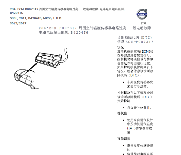 2011年沃尔沃S80L 故障码资料
