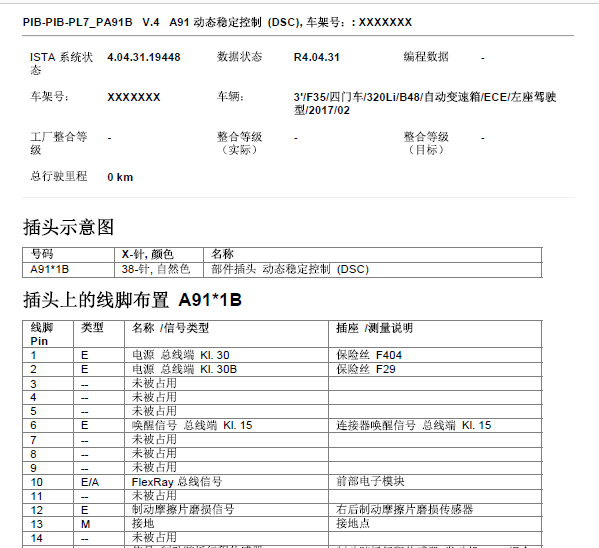 17年宝马320li制动系统针脚和线路