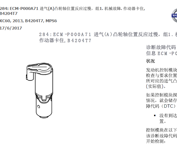 2013年沃尔完毕XC60 P00A71故障码资料