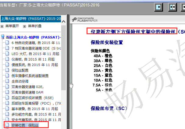 15年新帕萨特1.8T仪表左侧保险丝分配