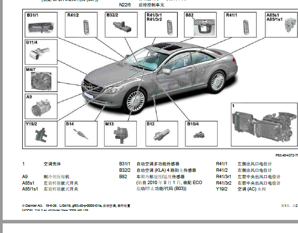 2010年奔驰S600 B82室内空气湿度温度传感器位置