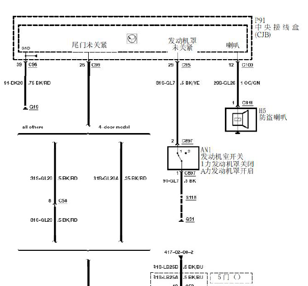 福特福克斯机盖锁电路图