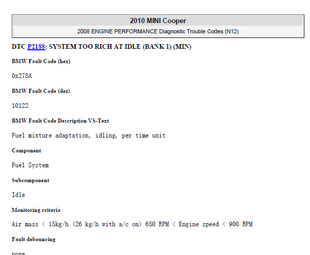 2010年宝马迷你P2188故障码资料