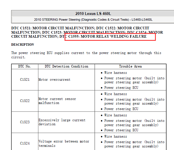 2010年雷克萨斯LS460L C1555故障码资料