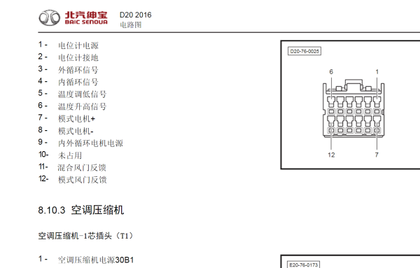 2015年北汽绅宝D20空调控制模块针脚说明