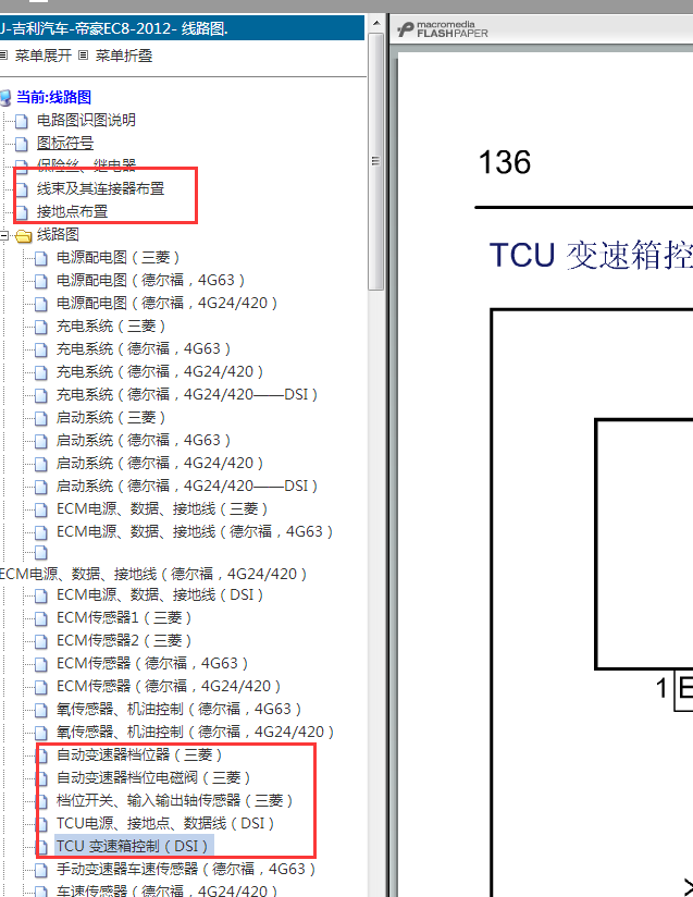 12年帝豪EC8变速箱系统电路及位置端子图查询路径
