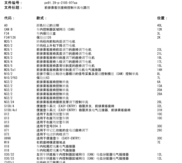 2013年奔驰C180座椅电路图