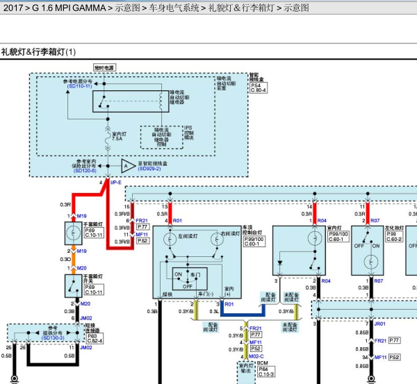 2017年起亚K3后尾箱内照明灯线路图