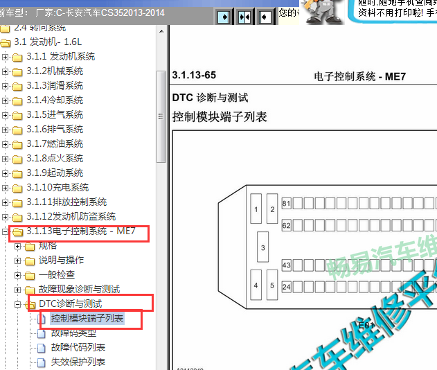 2013-2014年长安CS35ME7发动机针脚资料