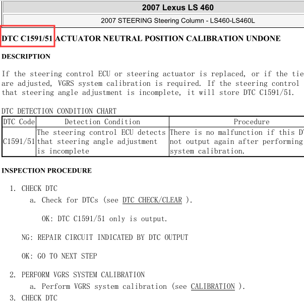 2007年雷克萨斯LS460故障码C1591含义