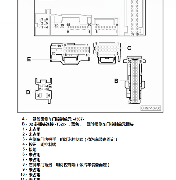 19年大众淩渡车门控制针脚图