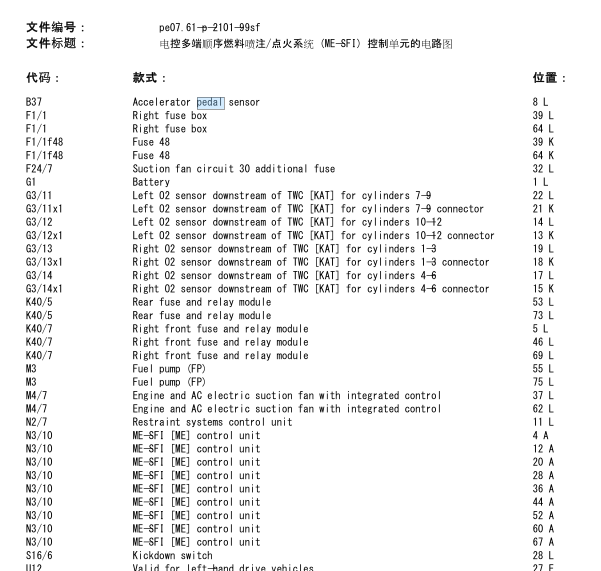 2001年奔驰S600发动机油门踏板线路图