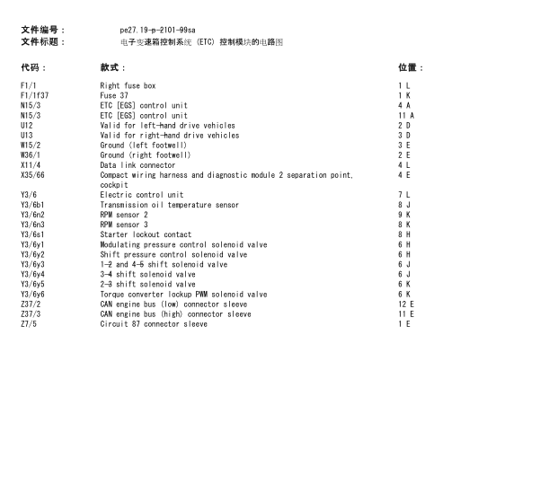 2001年奔驰S500变速箱线路图