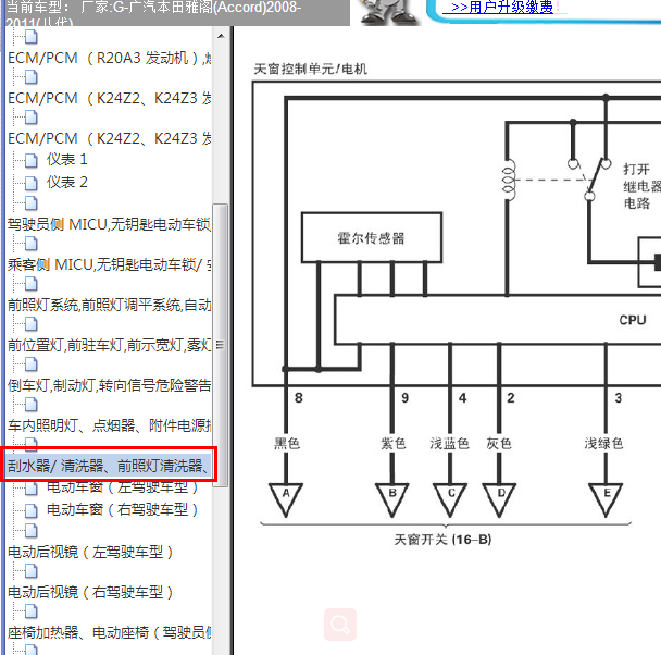 2010年本田雅阁八代天窗电路图.
