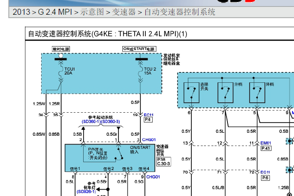 2013年现代索纳塔自动变速箱电路图和维修手册