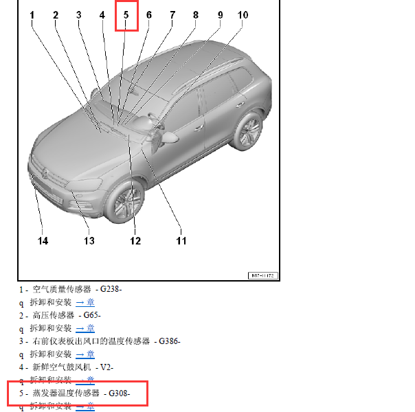 2014年大众途锐空调蒸发器温度传感器位置