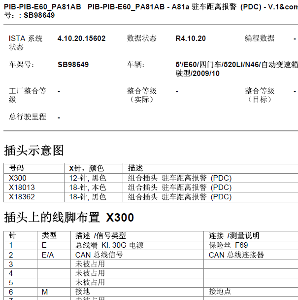 2009年宝马520驻车辅助系统针脚