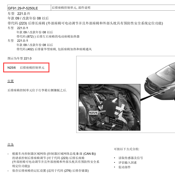 2008年奔驰S65后排座椅控制单元N25/6安装位置