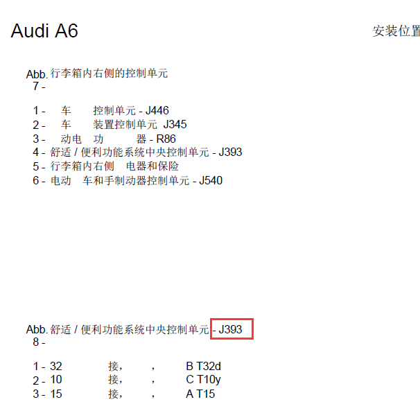 2011年奥迪A6L J393控制系统针脚插头