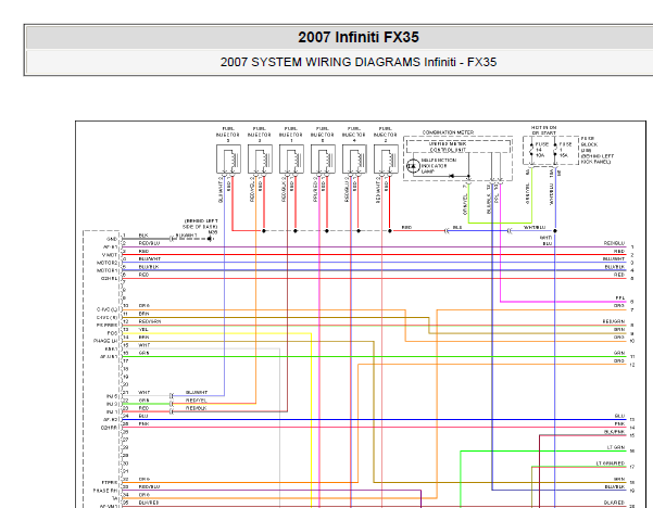 2007年英菲尼迪FX35发动机电路图和发动机电脑板针脚定义