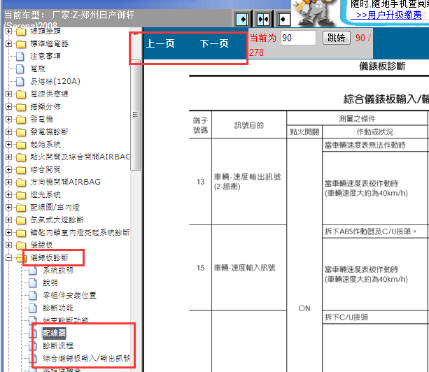 2008年郑州日产御轩仪表针脚资料