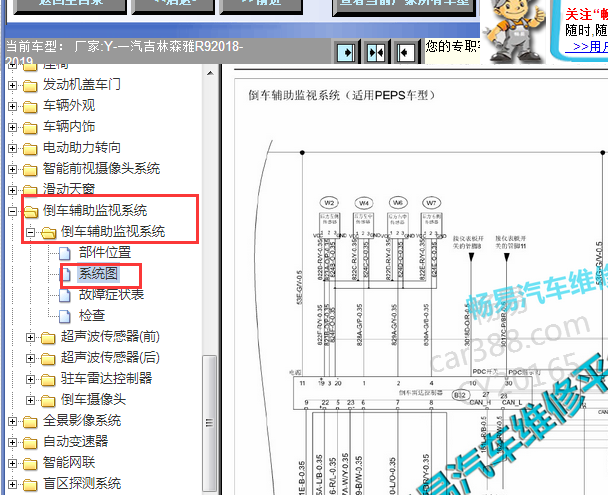 2018-2019年一汽森雅R9倒车雷达电路图