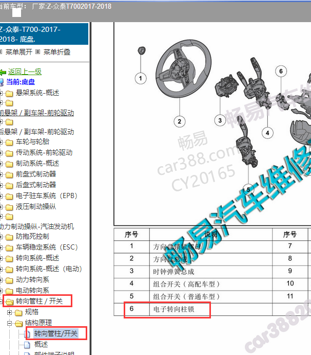 2017-2018年众泰T700方向锁位置