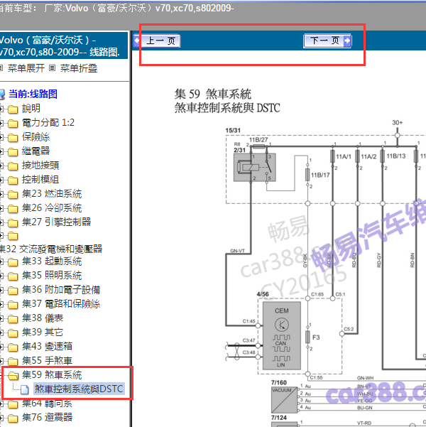 2009年沃尔沃S80刹车系统电路图