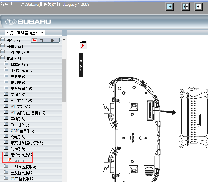 2009年斯巴鲁力狮仪表电路图和针脚